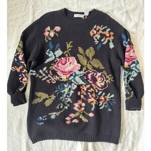 Vintage Liz Claiborne Hand Knit Floral Sweater Black Wool 90s Grandmacore L